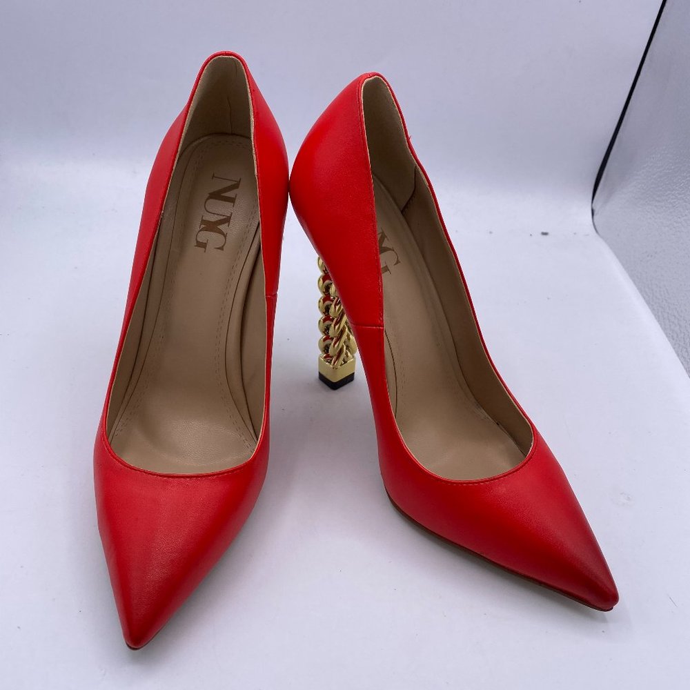 A NUYG red pointy toe gold chain chunky pumps heels shoes